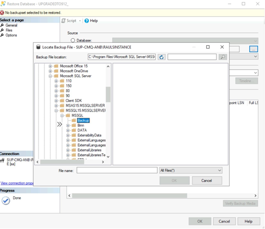 Backup files not visible in SQL Server Management Studio when trying to ...