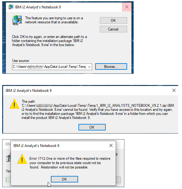 How do i fix error 1712 when i2 analyst s notebook starts